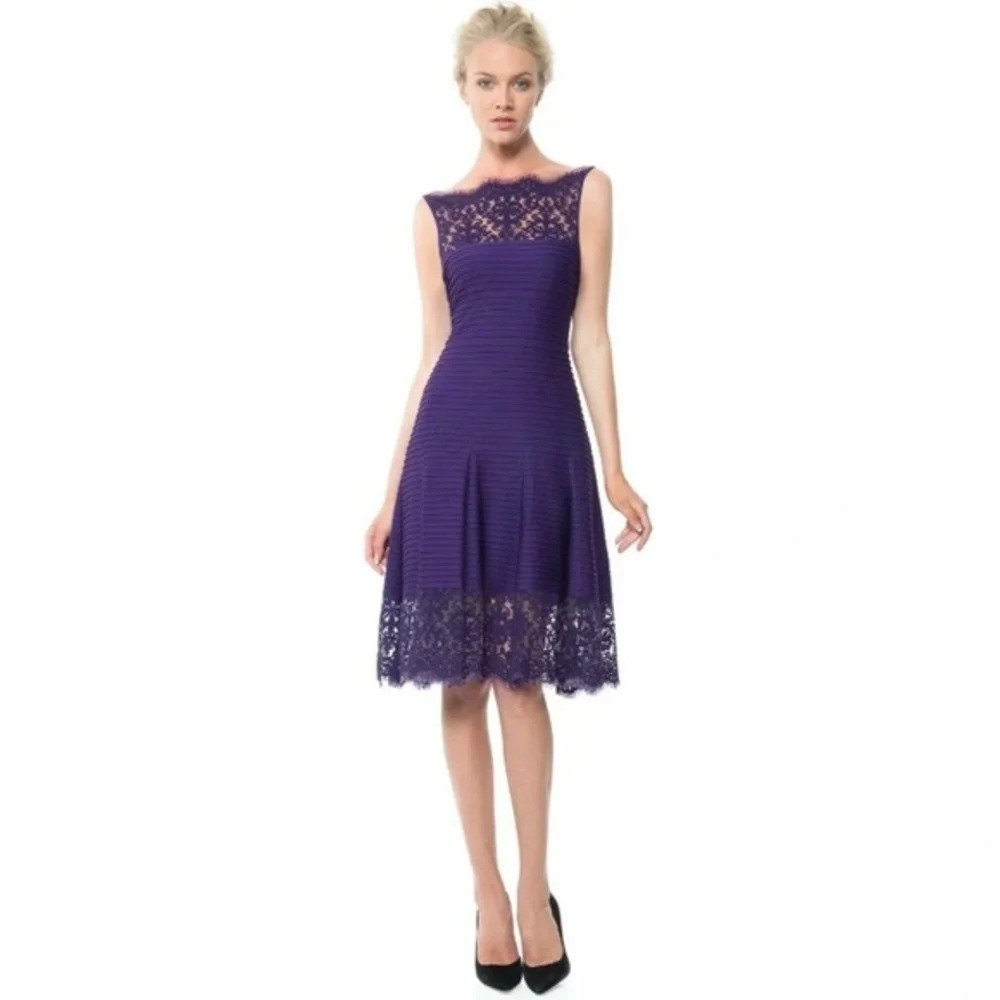 TADASHI SHOJI Pintuck Jersey Sheer Lace Dress